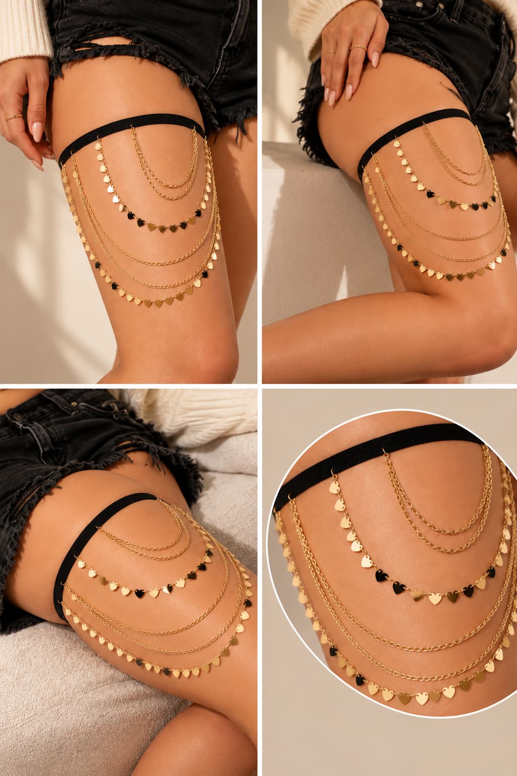 Multi-Layered Heart Charm Thigh Chain – 18K Gold-Plated Elastic Leg Chain Body Jewelry